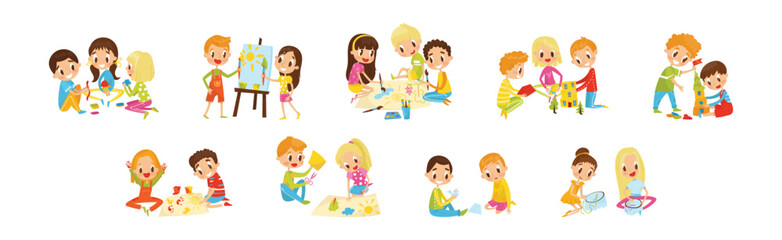 Kids Engaged in Handicraft Doing Handmade Creative Things Vector Set