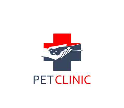 Pet clinic icon, veterinary service symbol. Domestic animal veterinary clinic, pet medical service or puppy vet doctor vector sign. Veterinarian hospital symbol or icon with human hand holding god paw