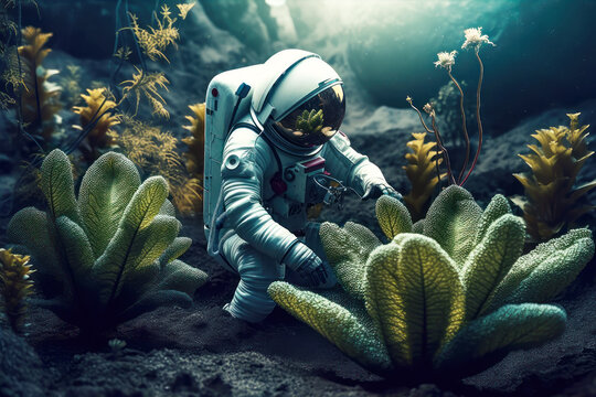 Growing plants on an alien planet, astronaut in action. Generative AI