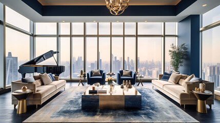 A stunning image of an extravagant penthouse living room with sweeping city views, exuding sophistication and luxury