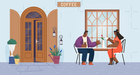 People in street cafe outdoor seating area of city restaurant. Friends at cafe table outside of coffee shop. Couple talking, sitting at summer cafeteria terrace. Man and woman meeting in coffeehouse