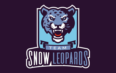 Sports logo with snow leopard mascot. Colorful sport emblem with snow leopard mascot and bold font on shield background. Logo for esport team, athletic club, college team. Vector illustration