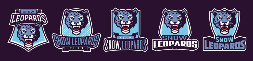 Set of sports logos with snow leopard mascots. Colorful collection sports emblem mascot and bold font on shield background. Logo for esport team, athletic club. Isolated vector illustration