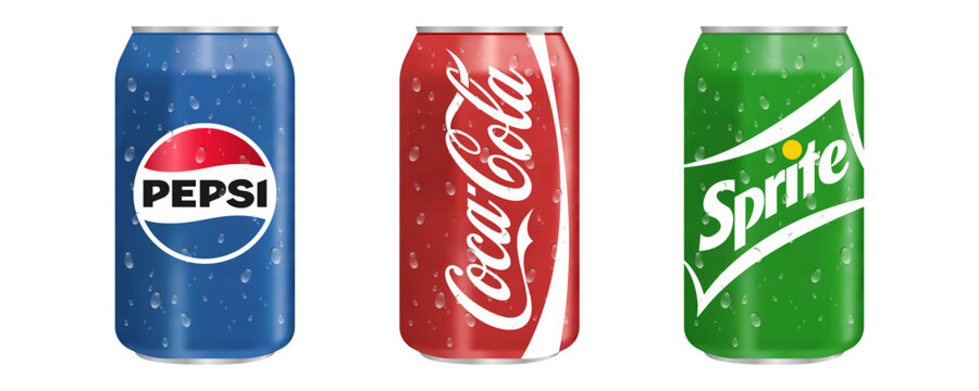 Realistic coke can. Pepsi and sprite can. Cold soda bottle with drop. 3D Pepsi and Cola can. Coca cola and sprite aluminium bottle. Editorial vector illustration. Rivne - April 12, 2023
