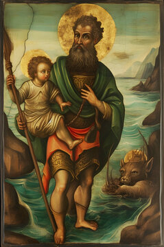 Saint Christopher, painting illustration. Generative Ai. St Christopher.