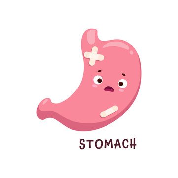 Stomach sick, body organ character injured or unhealthy, cartoon vector personage. Sick stomach with pain ache or disease, sad cartoon stomach with constipation, gastritis or indigestion and diarrhea