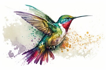  hummingbird in mid-flight, painted in watercolor. Generative AI
