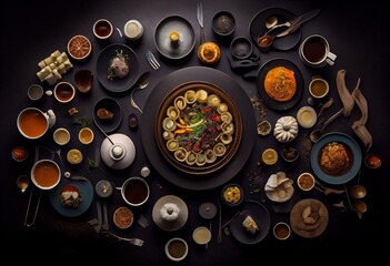 a black table topped with plates of food and bowls of soups and sauces on top of a black tablecloth covered in food.  generative ai