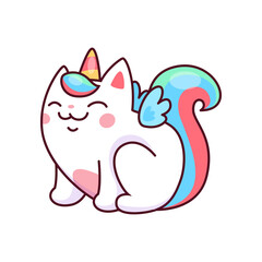 Cartoon cute caticorn character. Isolated vector fantasy animal personage with colorful tail, wings and horn. Funny magical kitten, kawaii magic cat, sweet unicorn kitty with smiling happy face