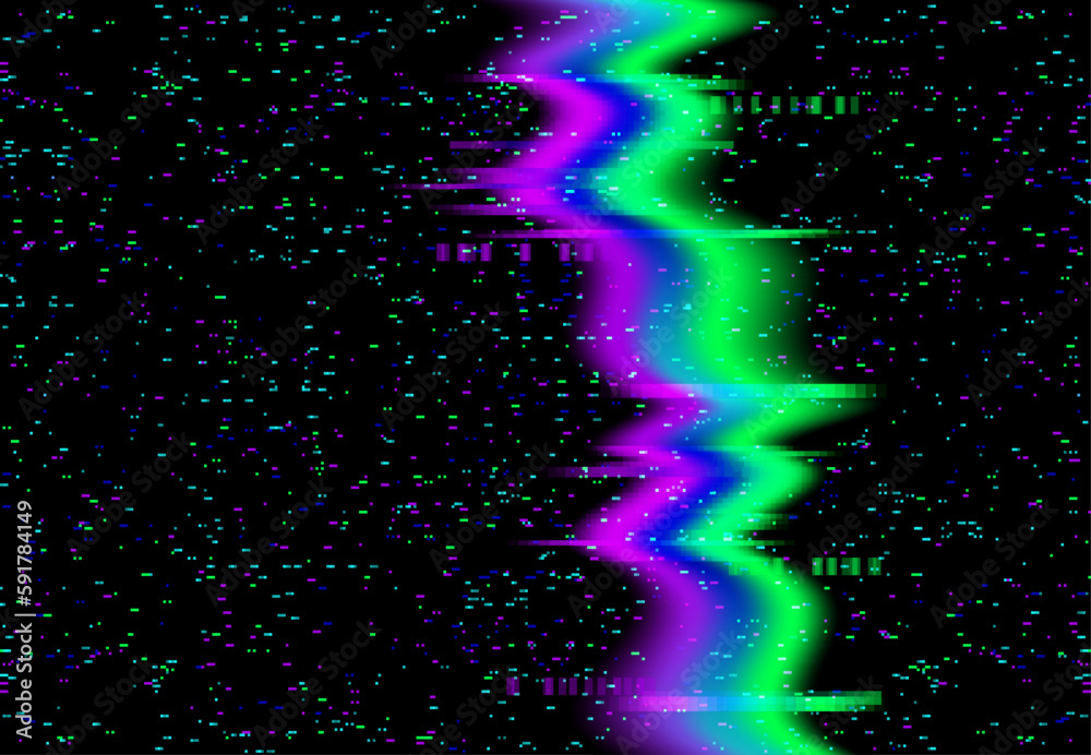 Poster Glitch noise, TV screen pixels of digital or VHS effect of static video error, vector background. Glitch screen or signal distortion pixel on television, dynamic noise wave on black display