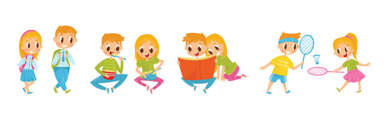 Little Boy and Girl Spending Time Together Vector Illustration Set
