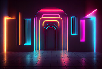 3d style, retrowave neon tube abstract pink blue orange neon background with glowing arch. Performance stage, showcase. Podium for product presentation. Generative AI.