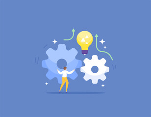 Improve self-quality, self-development, creative and innovative thinking processes. an entrepreneur or employee tries to move or twist the gears to gain knowledge. illustration concept design. vector 