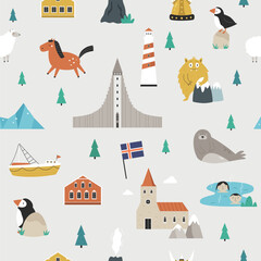 Vector seamless pattern,digital paper with icons, famous symbols of Iceland.