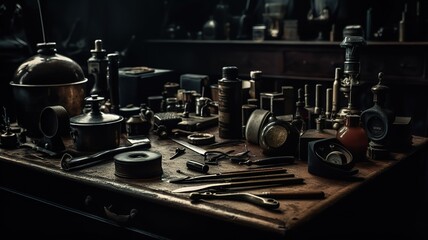 Fototapeta premium Generative AI. Retro Vintage car service mechanic garage tools equipment patter. Can be used for shop decoration. Graphic Art Illustration.
