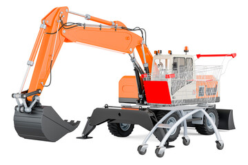 Excavator with shopping cart, 3D rendering