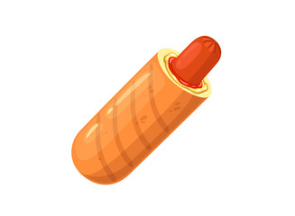 Cartoon corn dog sausage or hot dog in bun bread, vector food icon. Corn dog sausage with mustard and ketchup sauce, fast food or street food grill snack, American sandwich meal menu