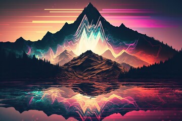 Generative AI. Syntwave Mountains. Future Adventure Exploration. Can be used for decoration. Illustration in cyberpunk style.