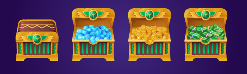 Egyptian treasure chests with gold coins, diamonds and cash. Game props icons of ancient trunks with money of pharaoh of Egypt. Golden boxes with scarab badge, vector cartoon illustration - obrazy, fototapety, plakaty