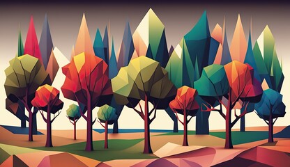 Generative AI.  Low Poly forest tree pattern. Eco inspired. Graphic Art Illustration.