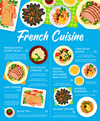 French cuisine menu, vector parisian apple celery salad, tuna salad nicoise and mussels mariniere. Duck salad landaise, salmon tartare, shrimp cocktail with marie rose sauce and liver terrine dishes - obrazy, fototapety, plakaty
