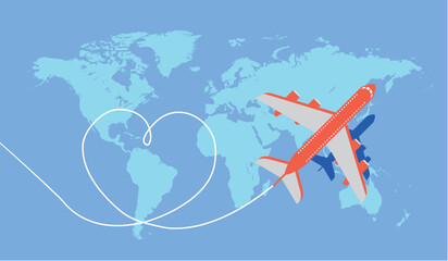 Love travel concept illustration in vector. Airplane flying and leave a blue dashed trace line.