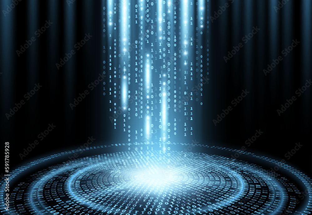 Aufkleber Data center, big data wave or cloud information storage technology, vector background. Big data flow of binary code, digital network and data analysis cloud, cyber science and internet information