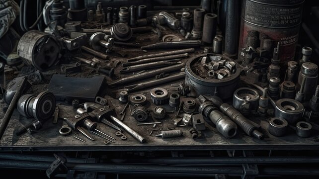 Generative AI. Retro Vintage car service mechanic garage tools equipment patter. Can be used for shop decoration. Graphic Art Illustration.
