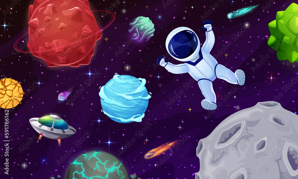 Poster Cartoon astronaut character in outer space and planets in galaxy, vector background. Spaceman on spaceflight in starry sky with galaxy stars and alien UFO, kids fantasy space with comets and asteroids