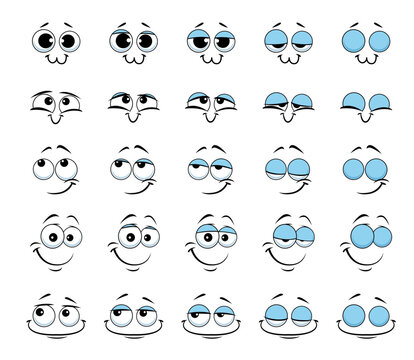 Cartoon face and blink eye animation emoji faces spread sheet, vector giggle smile emoticons. Funny comic emoji eyes animated spreadsheet of cute smiling or kawaii happy emoji characters