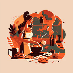 vector flat design woman cooking in the kitchen