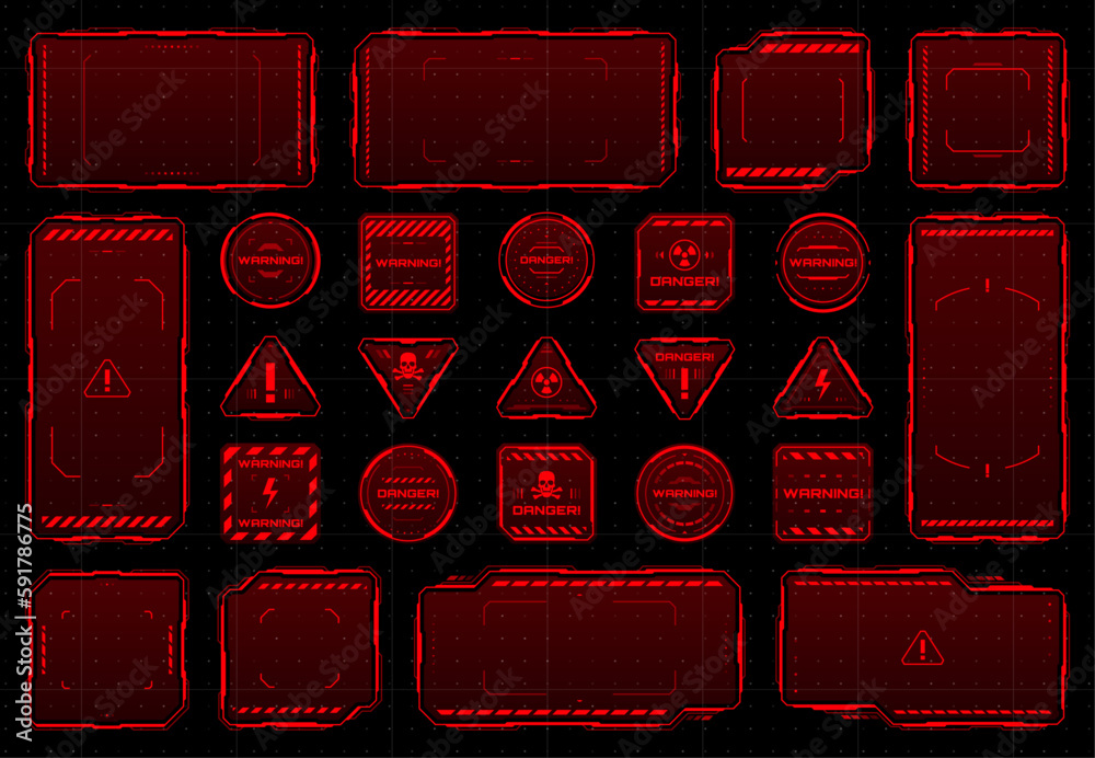 Leinwandbilder HUD danger and warning red interface frames, vector alert message boxes. HUD red frames and borders for warning attention, danger zone or damage error and attack for cyber UI virtual screen