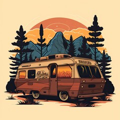 Generative AI. Vintage Retro camper rv home truck. Adventure trip journy motivational poster. Can be used for decoration and inspiration. Graphic Art Illustration.
