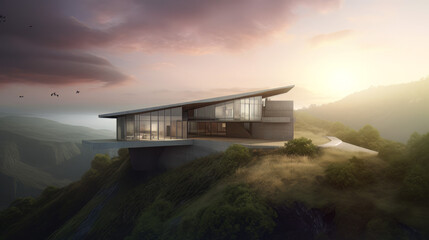 A modern eco-house with sleek lines and a minimalist design, situated on a rugged hillside overlooking a breathtaking valley, emphasizing the integration of sustainability with contemporary 