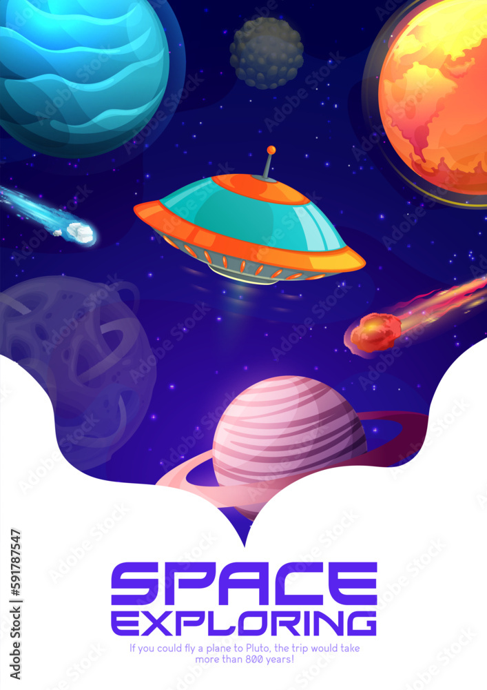 Poster cartoon space landing page with fantasy galaxy landscape, planets and ufo vector background. website