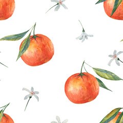 Mandarin flower pattern, seamless fruit background, citrus, flowers, leaves, branches texture. Oranges in a watercolor style. Vintage lemon. Tangerines design for print, wedding, background, wallpaper