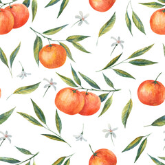 Mandarin flower pattern, seamless fruit background, citrus, flowers, leaves, branches texture. Oranges in a watercolor style. Vintage lemon. Tangerines design for print, wedding, background, wallpaper