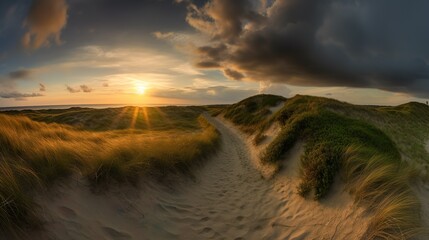 wundersch&ouml;ner Sonnenuntergang in den D&uuml;nen auf dieser Erde, Skandinavien, D&auml;nemark, generative AI