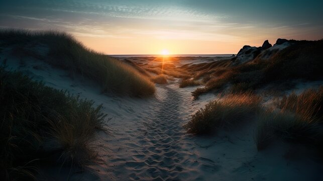 wundersch&ouml;ner Sonnenuntergang in den D&uuml;nen auf dieser Erde, Skandinavien, D&auml;nemark, generative AI