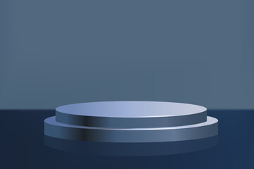 Realistic metallic silver podium for product display. 3D round platform platform. Vector illustration.