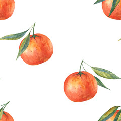Mandarin flower pattern, seamless fruit background, citrus, flowers, leaves, branches texture. Oranges in a watercolor style. Vintage lemon. Tangerines design for print, wedding, background, wallpaper