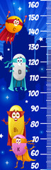 Kids height chart ruler. Cartoon superhero vitamin characters. Vector scale for child with food supplement C ascorbic acid, D calciferol, B1 thiamin and K phytonadione capsule personages in night city