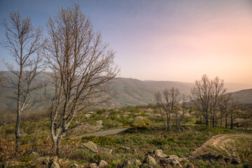 Scenic landscape at sunset from the top of the mountains of Valle del Jerte, in Cáceres, Spain...