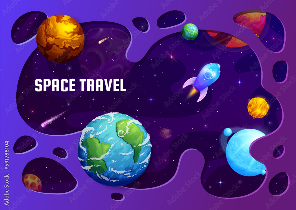 Poster paper cut space landscape. galaxy planets and spaceship. outerspace discovery paper cut vector banne