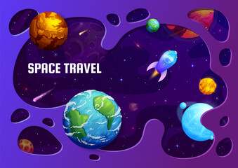 Paper cut space landscape. Galaxy planets and spaceship. Outerspace discovery paper cut vector banner with earth and alien planets, cartoon comets, asteroids and rocket spaceship flying in outerspace