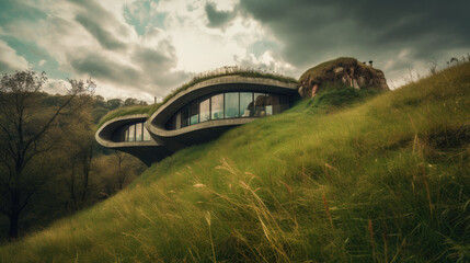 Organic futuristic house embedded into a grassy hill. Generative AI