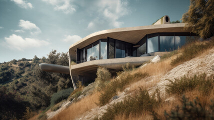 Organic futuristic house embedded into a grassy hill. Generative AI
