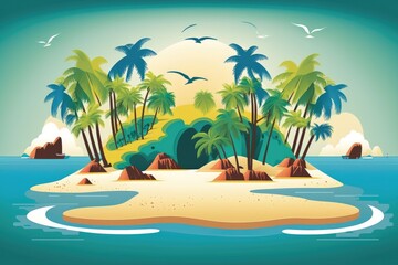 Fototapeta na wymiar tropical island with palm trees and birds in flight. Generative AI