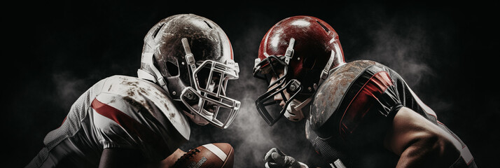 Two football players in uniforms with helmets on their heads compete for the ball against a dark background. Banner. Generative ai - obrazy, fototapety, plakaty