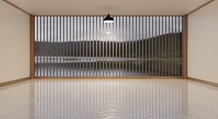 Open room room with large mirrors overlooking the natural scenery open room scene 3d illustration